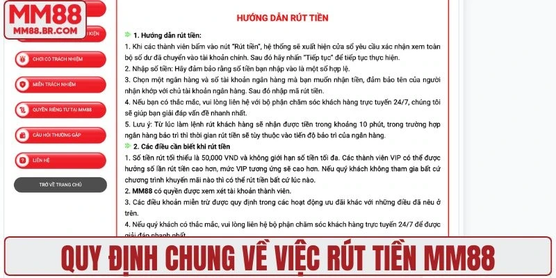 Quy định chung về việc rút tiền MM88